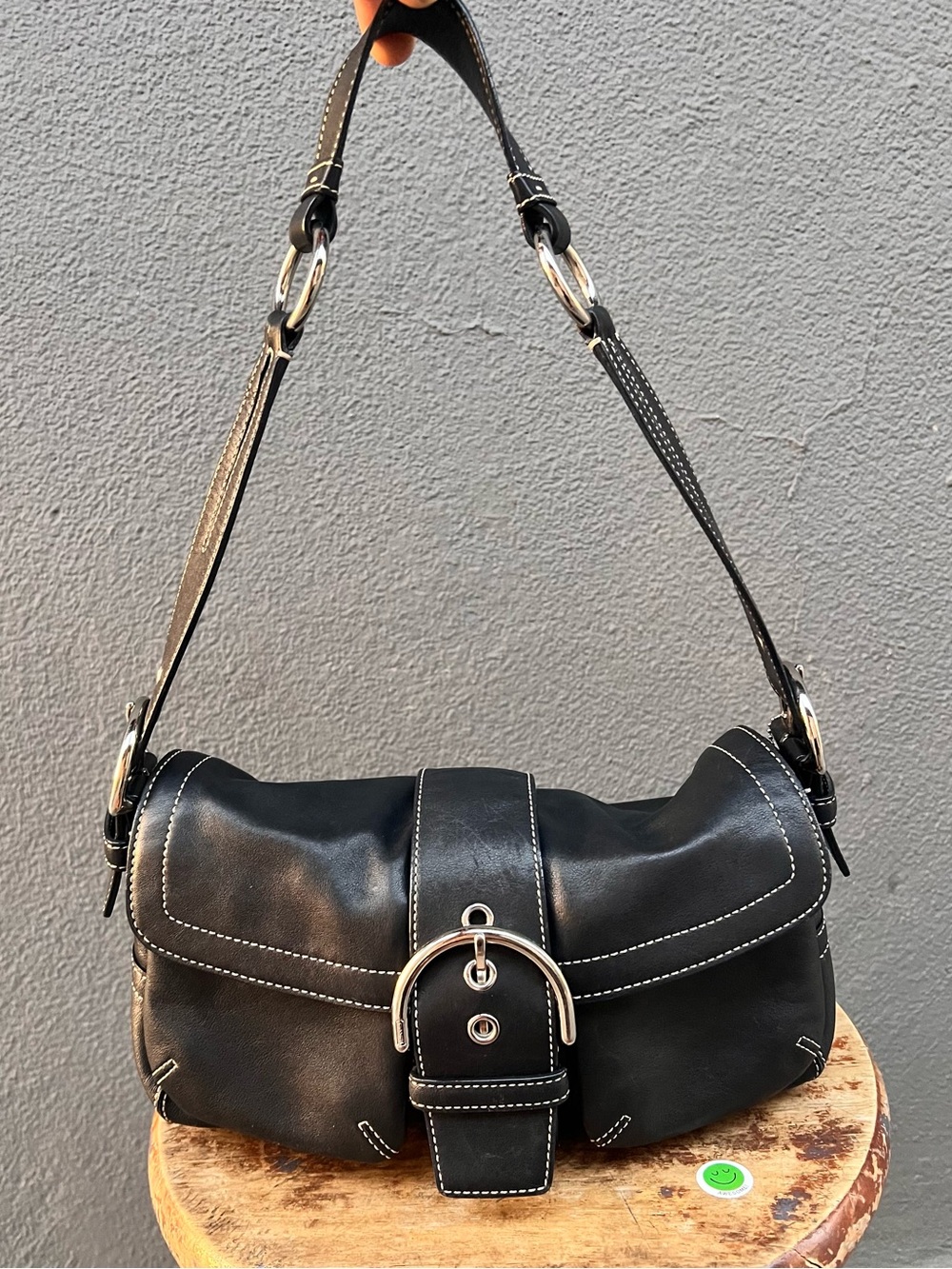 Coach 3653 SMALL Vintage Soho Black Leather Shoulder Bag w/Contrast Stitching